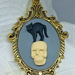 Skull Cat Black Skeleton Gothic Cameo Necklace NEW
